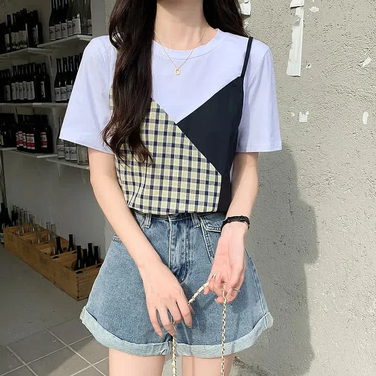 Chic Colorblock Round Neck T-Shirt Pockets Denim Shorts