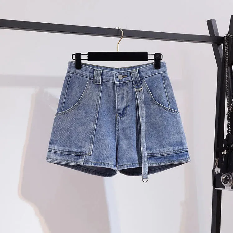 Chic Colorblock Round Neck T-Shirt Pockets Denim Shorts