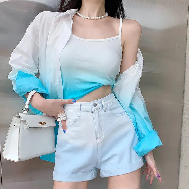 Chic Gradient Color Lapel Shirt Cami Top Denim Shorts