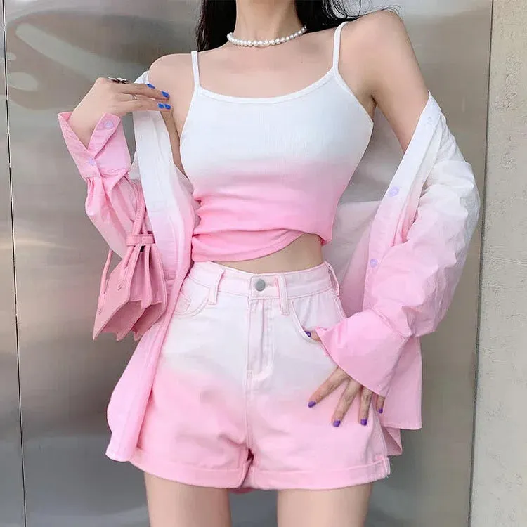 Chic Gradient Color Lapel Shirt Cami Top Denim Shorts