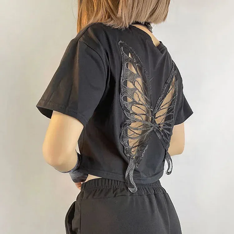 Chic Hollow Out Butterfly Pattern Crop Top T-Shirt