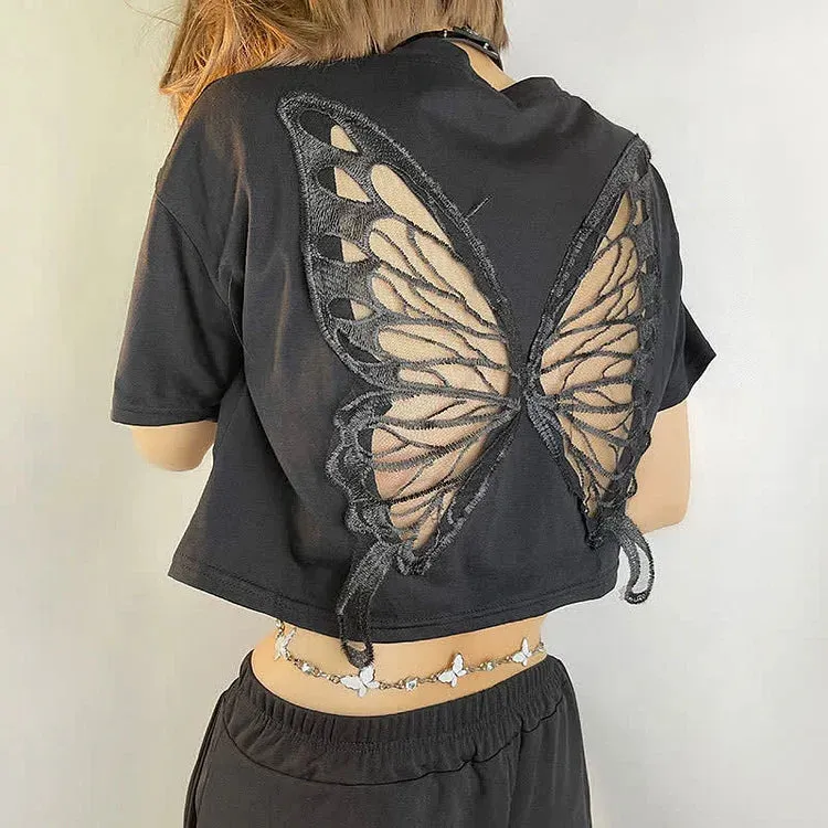 Chic Hollow Out Butterfly Pattern Crop Top T-Shirt