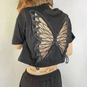 Chic Hollow Out Butterfly Pattern Crop Top T-Shirt