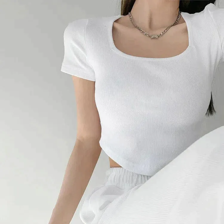 Chic Pure Color Round Neck Crop Top T-Shirt