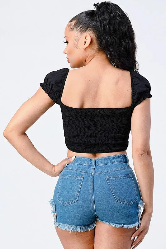 CHIC RUCHED WOVEN ZIP-UP CROPPED TOP