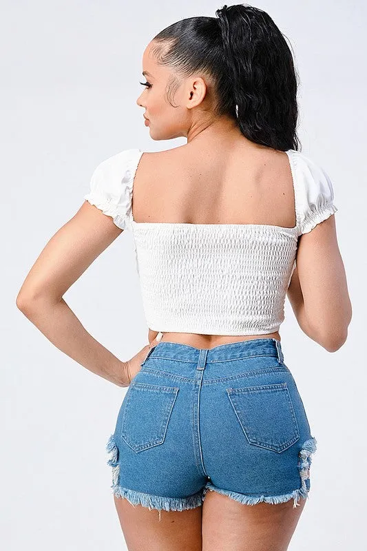 CHIC RUCHED WOVEN ZIP-UP CROPPED TOP