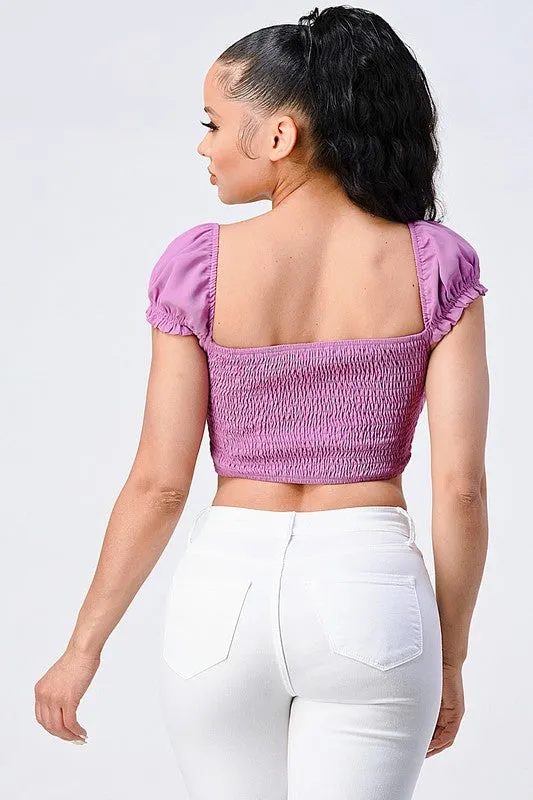 CHIC RUCHED WOVEN ZIP-UP CROPPED TOP