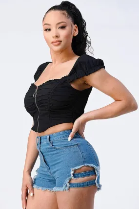 CHIC RUCHED WOVEN ZIP-UP CROPPED TOP