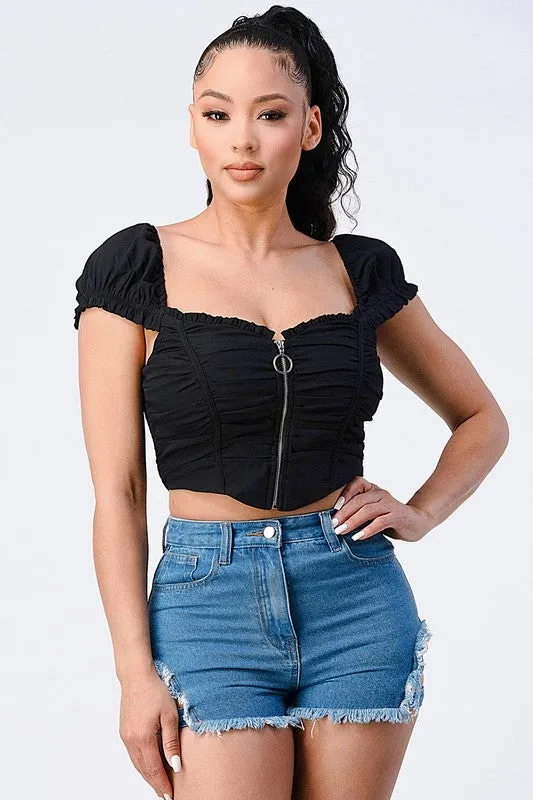 CHIC RUCHED WOVEN ZIP-UP CROPPED TOP