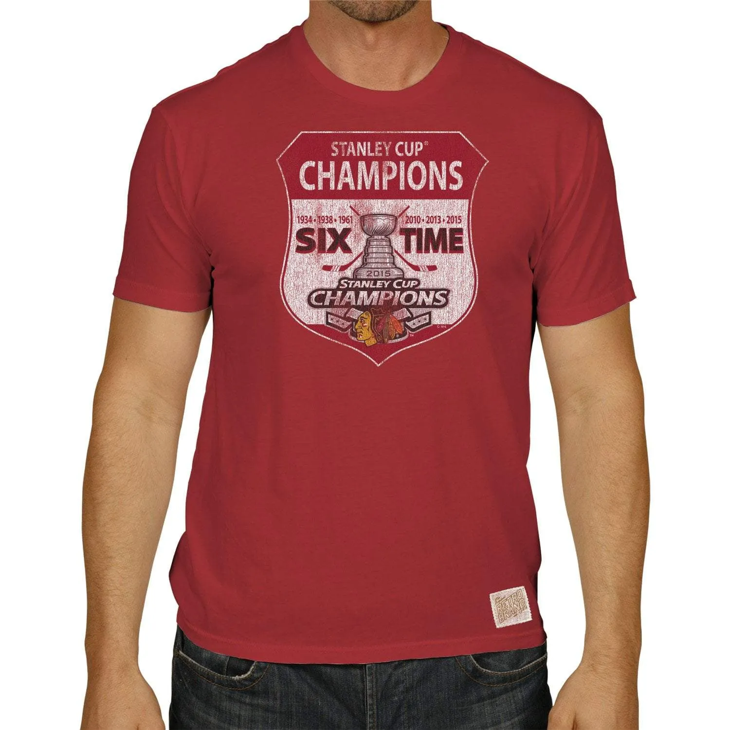 Chicago Blackhawks Retro Brand 2015 Stanley Cup Champions 6 Time Red T-Shirt