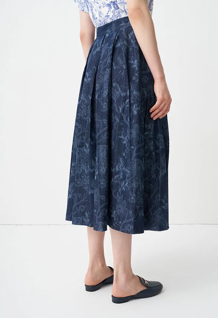 Choice Printed Pleated Midi Skirt Dark Blue