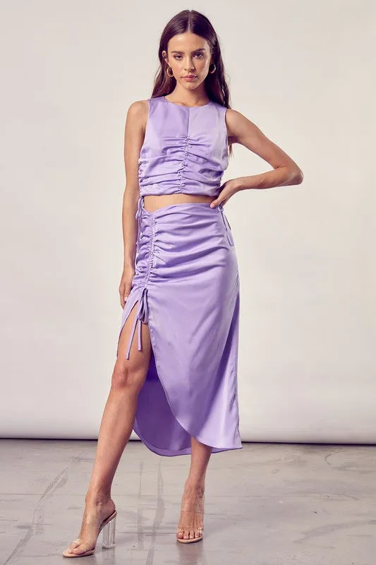 Classic One Side Gathered Midi Skirt With Tall Slit