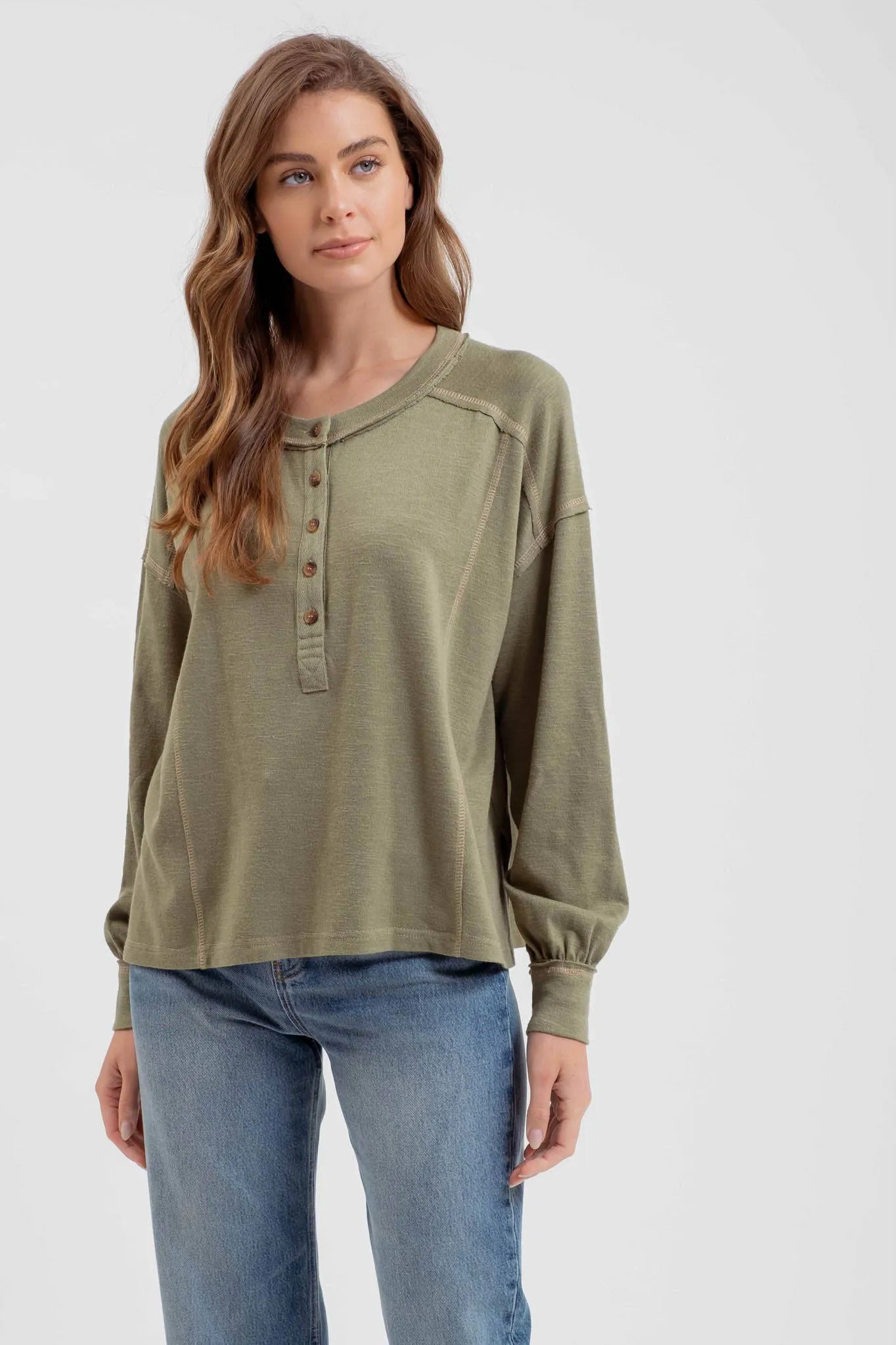 CONTRAST STITCH LONG SLEEVE HENLEY KNIT TOP