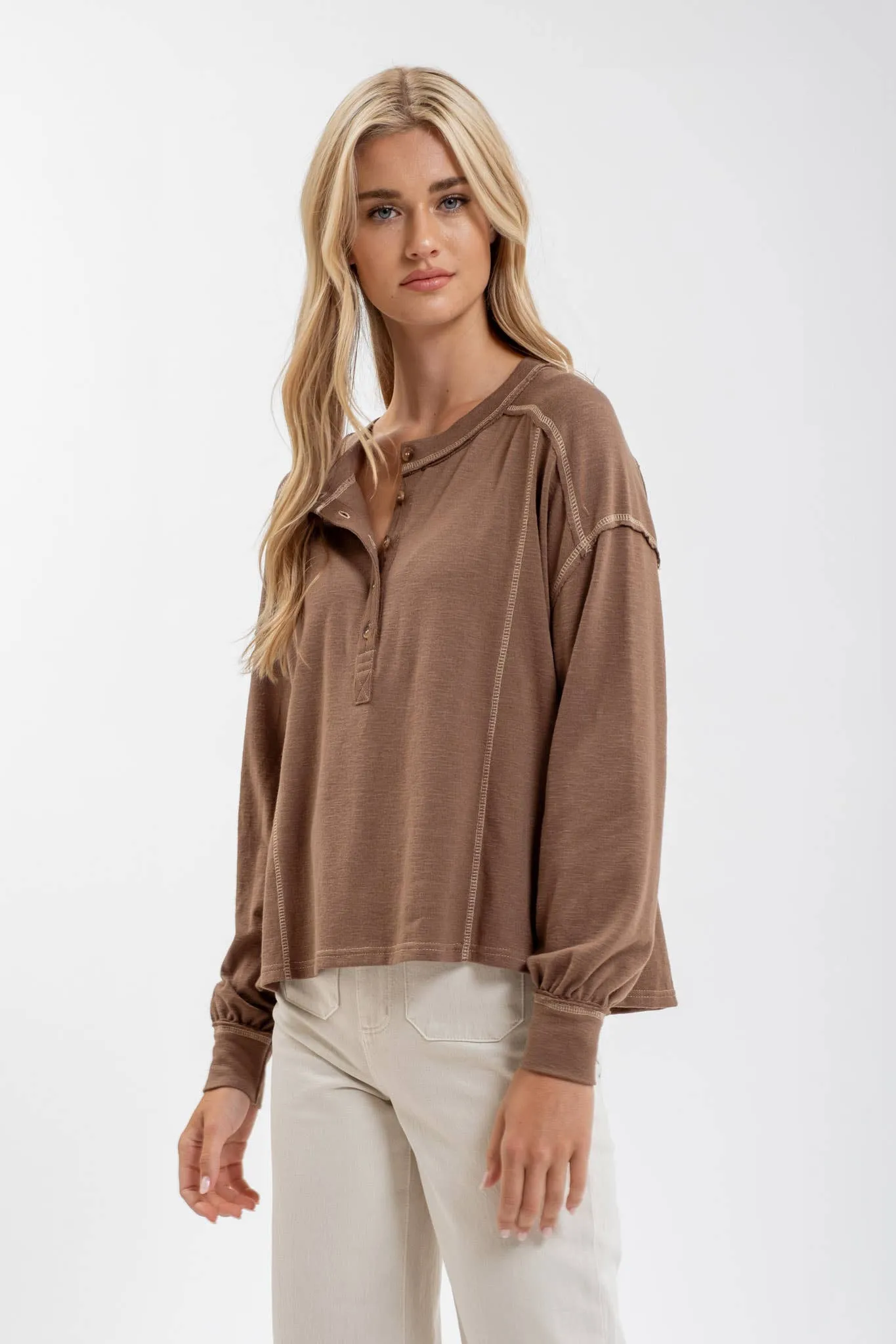 CONTRAST STITCH LONG SLEEVE HENLEY KNIT TOP