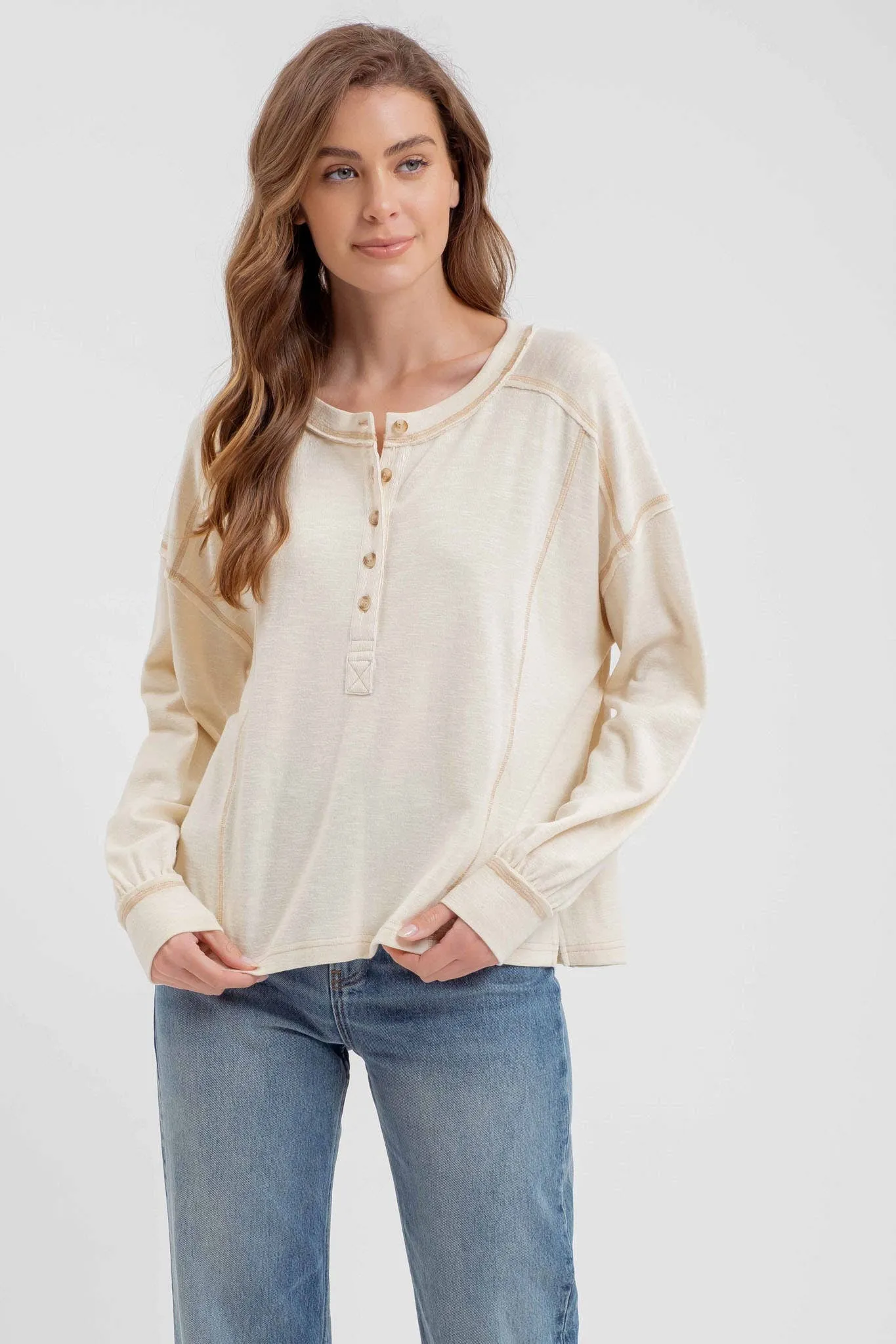 CONTRAST STITCH LONG SLEEVE HENLEY KNIT TOP