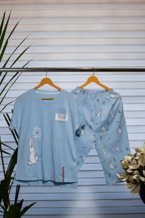 Cotton Lounge Wear in Light Blue with Whimsical Rabbit Prints and Half Pant Comfort