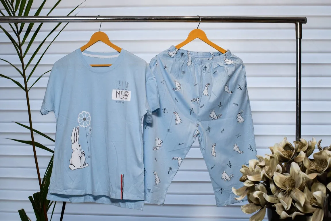 Cotton Lounge Wear in Light Blue with Whimsical Rabbit Prints and Half Pant Comfort