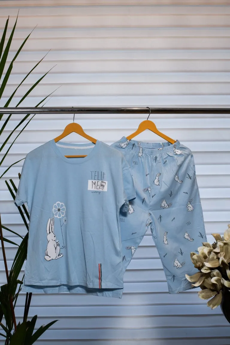 Cotton Lounge Wear in Light Blue with Whimsical Rabbit Prints and Half Pant Comfort