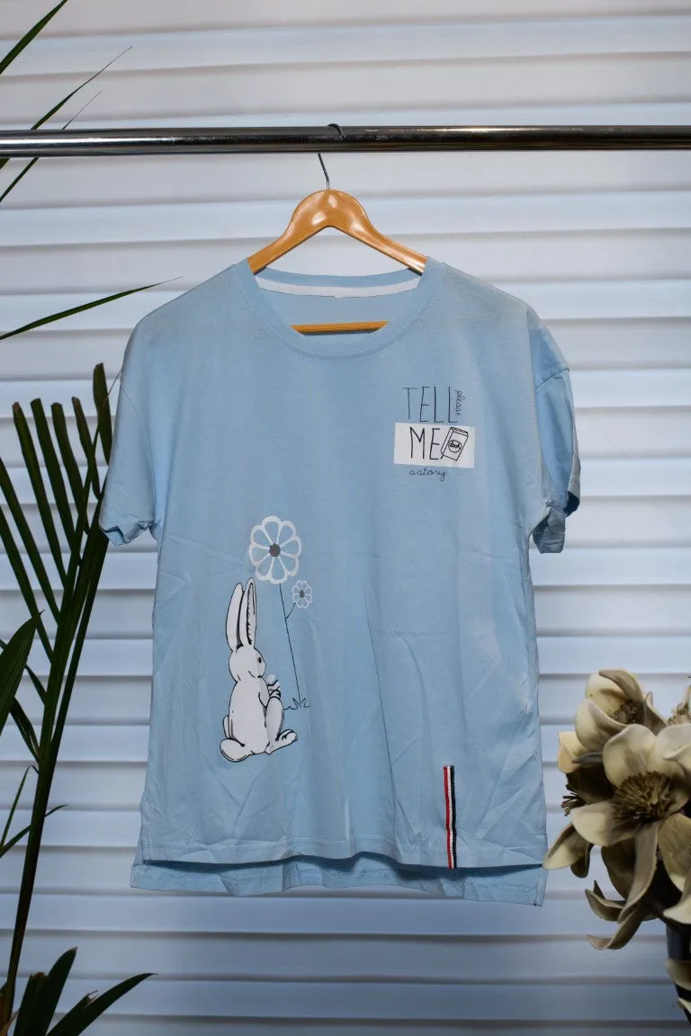 Cotton Lounge Wear in Light Blue with Whimsical Rabbit Prints and Half Pant Comfort