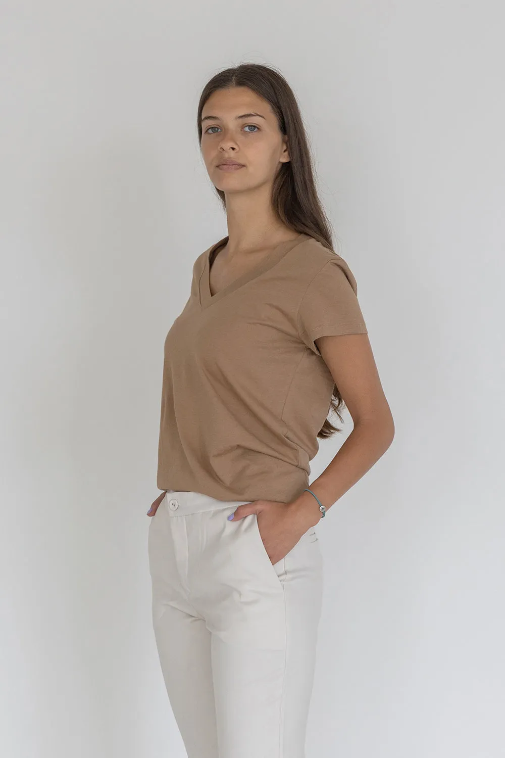 Cotton V T-Shirt Brown