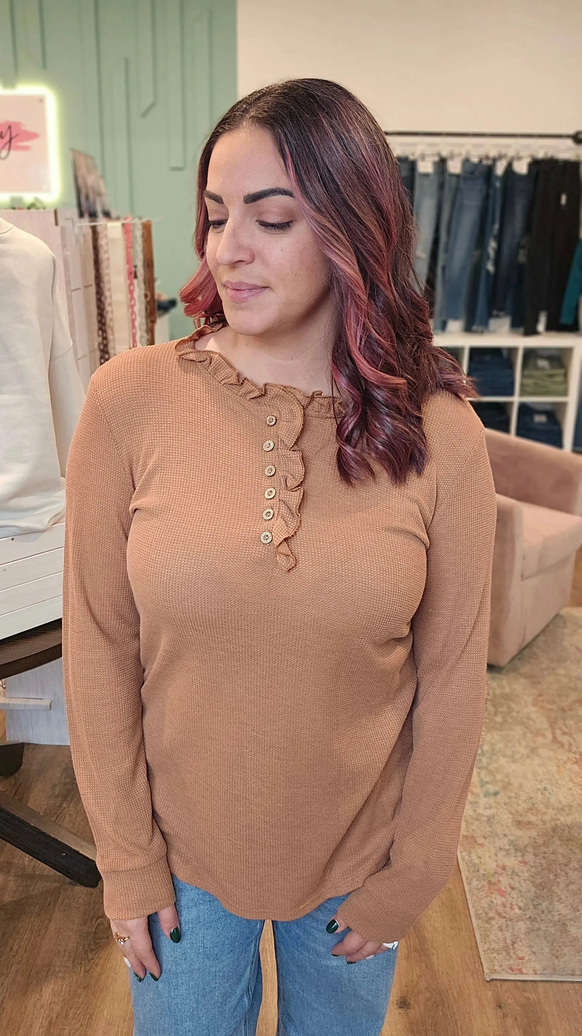 Dahlia Thermal Ruffled Top - Camel