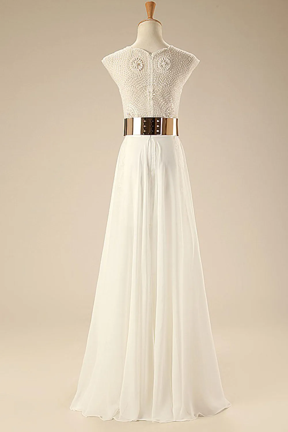 Deep V Neck Cap Sleeves White Chiffon Gold Belt Summer Beach Wedding Dresses WD0106