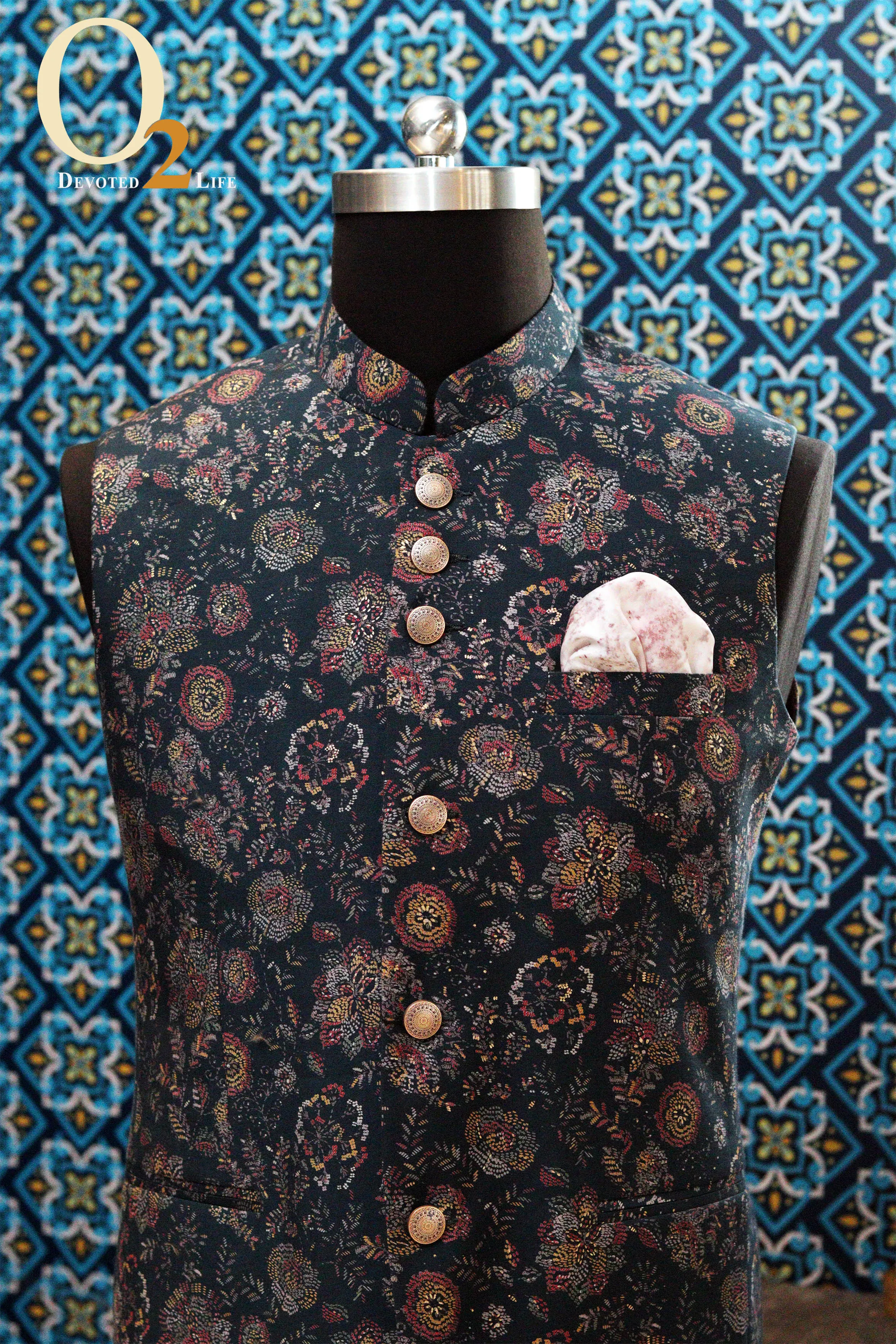 Digital Printed Art Silk Ethnic Vest in Navy