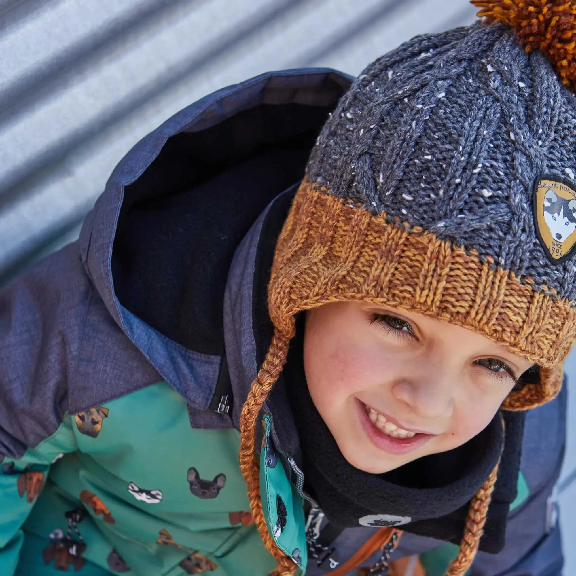 Earflap Knit Hat Grey And Yellow | DEUX PAR DEUX