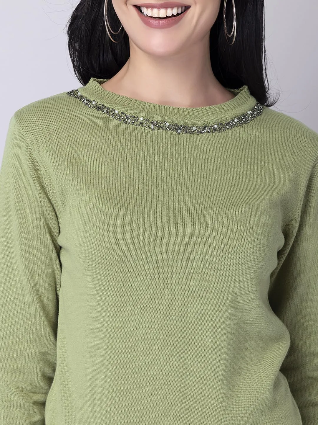 FabAlley Women's Viscose Rayon Round Neck Sweater (SWT00404_Green_S)