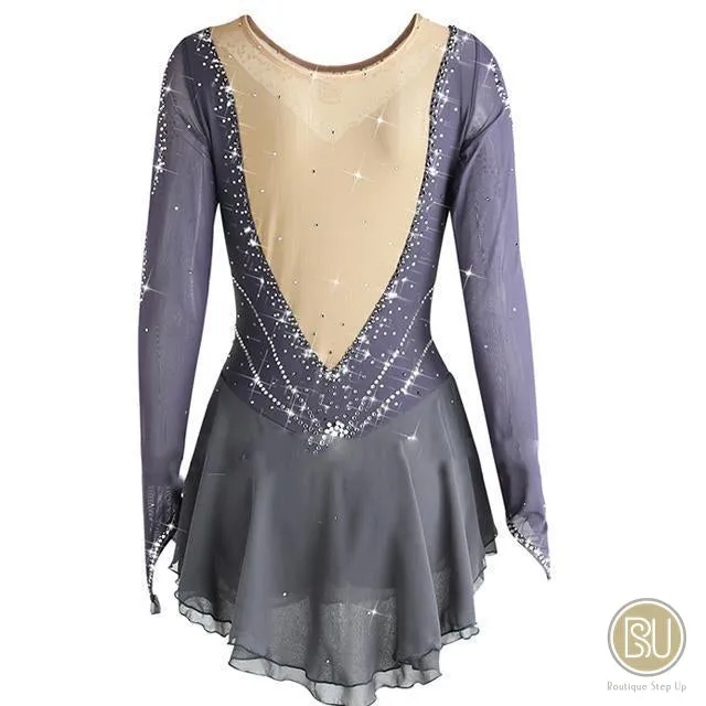 Figure Skating Dresses Rhinestones Grey Long Sleeves sIze 8 to AXXL, SU111