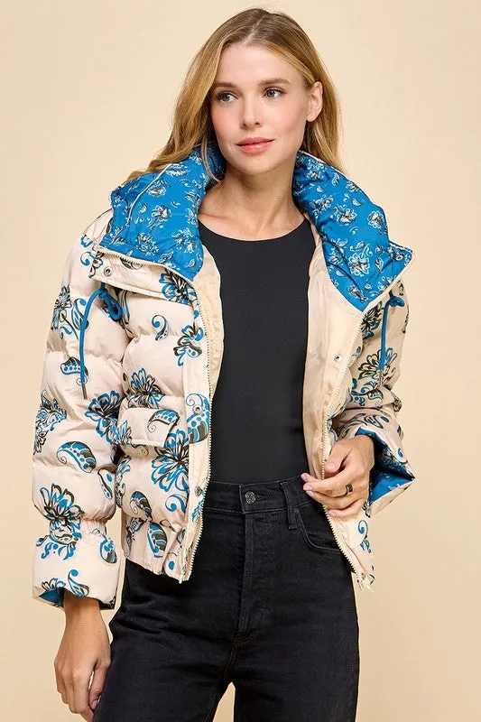 Floral Print Puffer Hooded Jacket