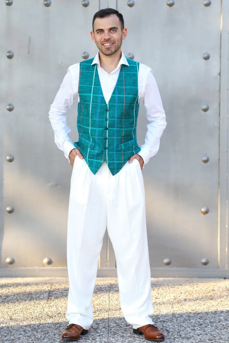 Green Checkered Linen Tango Vest