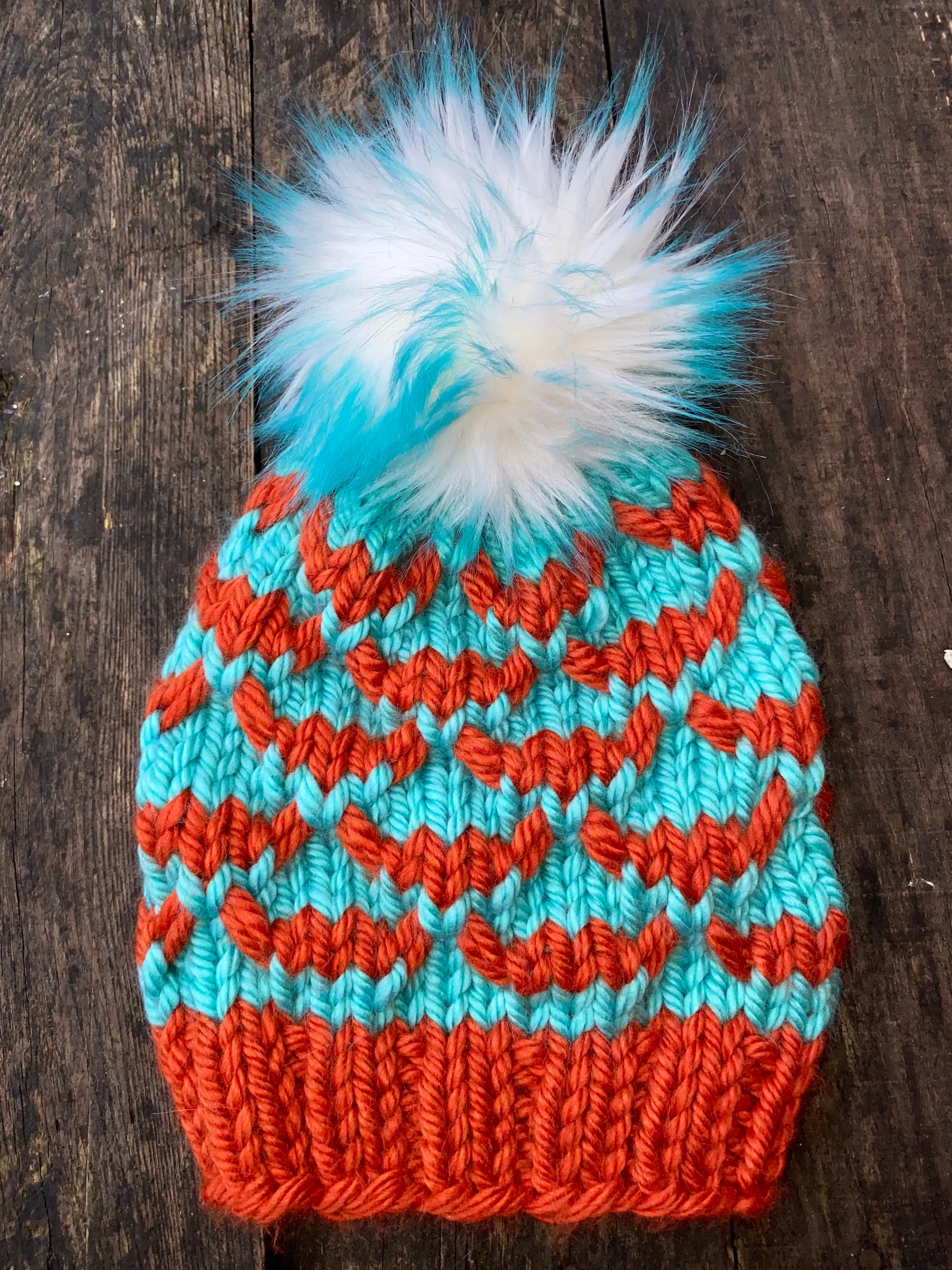 Hand knit winter pom pom hat beanie teal orange fish scales lizard child kids