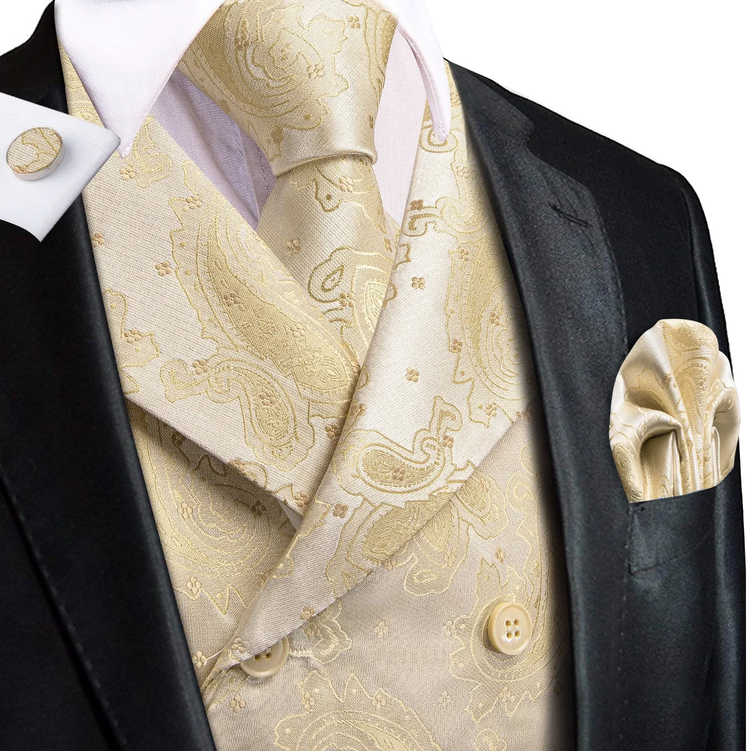 Hi-Tie Beige Yellow Paisley Men's Collar Vest Hanky Cufflinks Tie Set