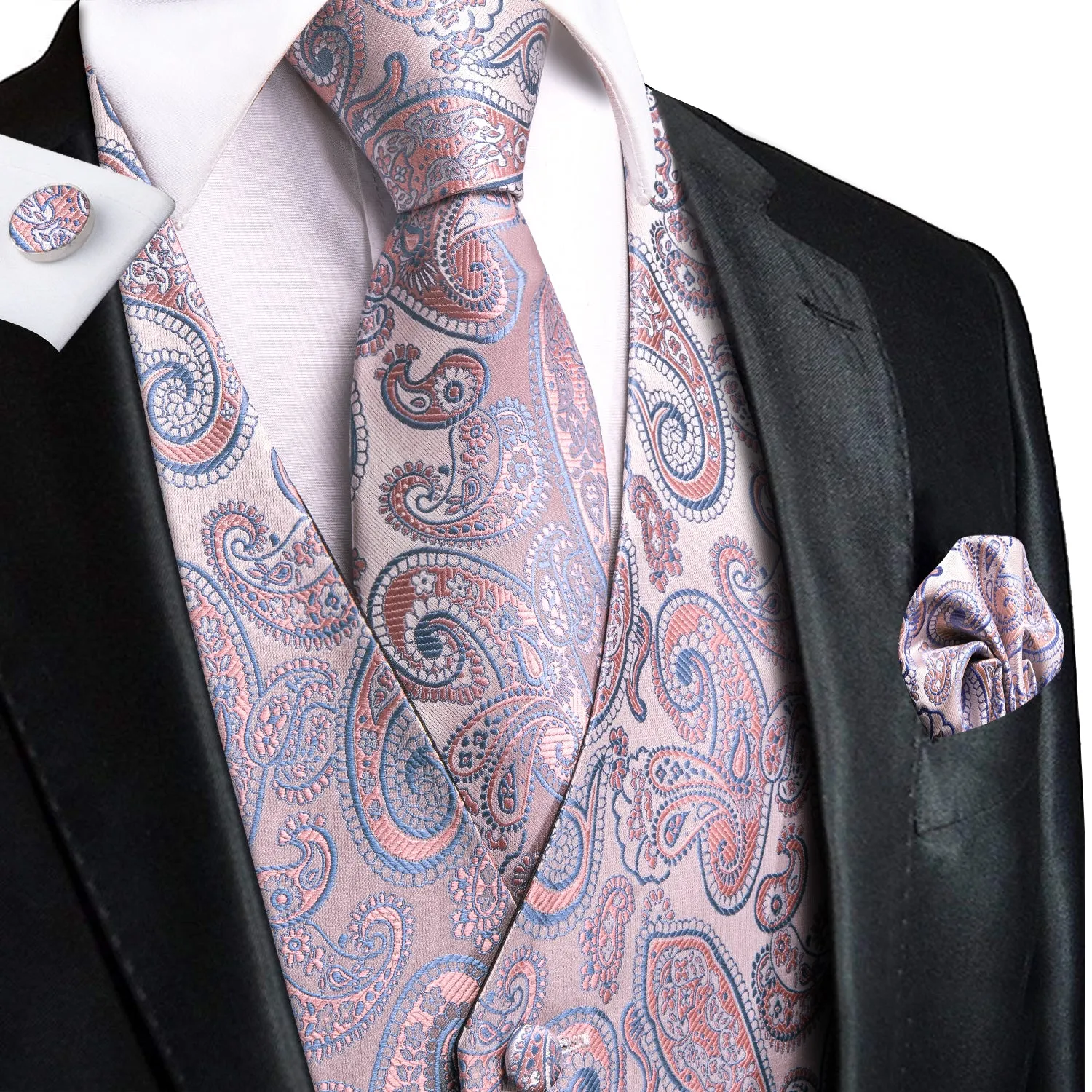 Hi-Tie Light Pink Blue Paisley Men's Vest Hanky Cufflinks Necktie Set