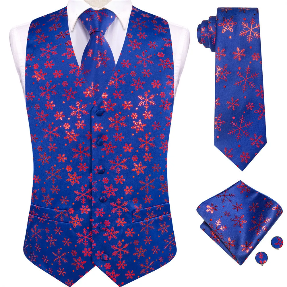 Hi-Tie Mens Waistcoat Blue Purple Snow Christmas Vest Necktie Set