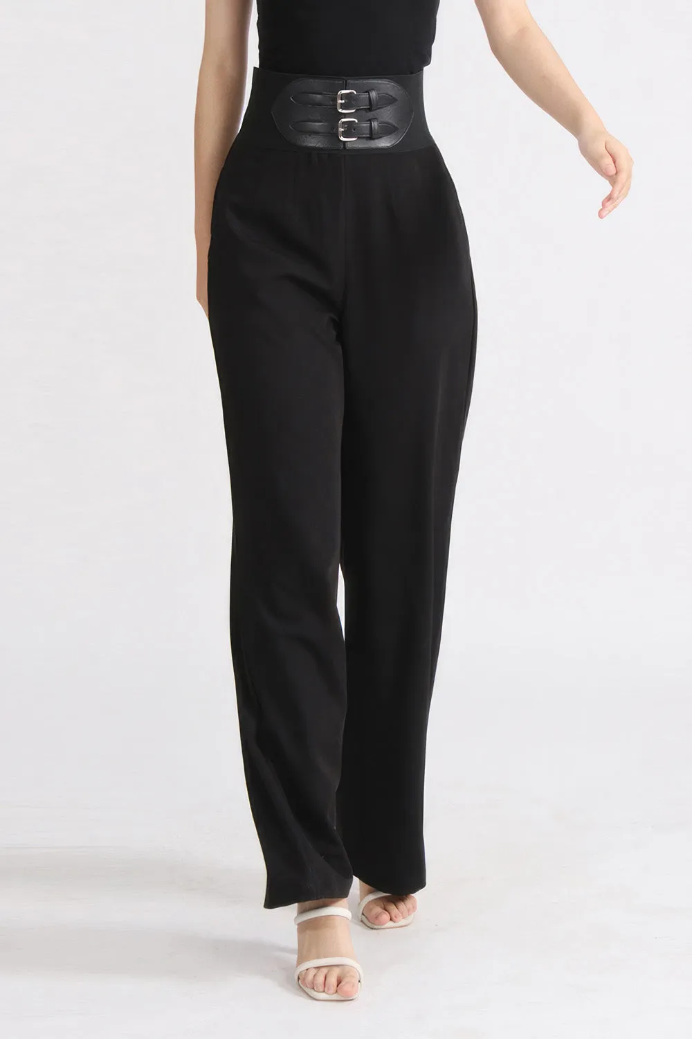 High Waisted Belted Trousers - Black