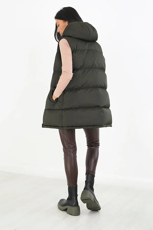 HOODED LONGER LENGTH PADDED PUFFER GILET