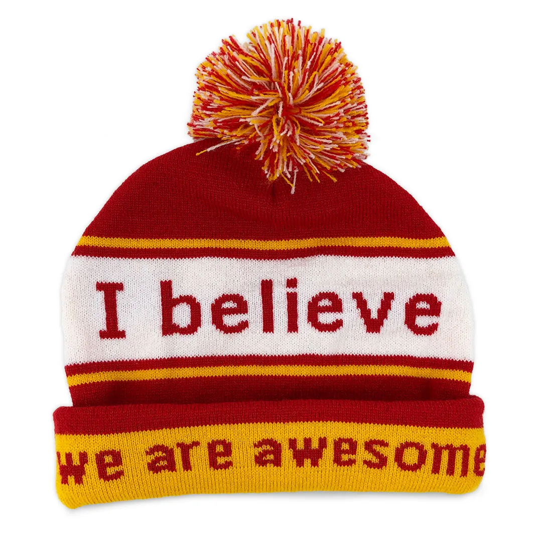 I believe™ red & gold knit beanie with We are awesome™ on inside cuff