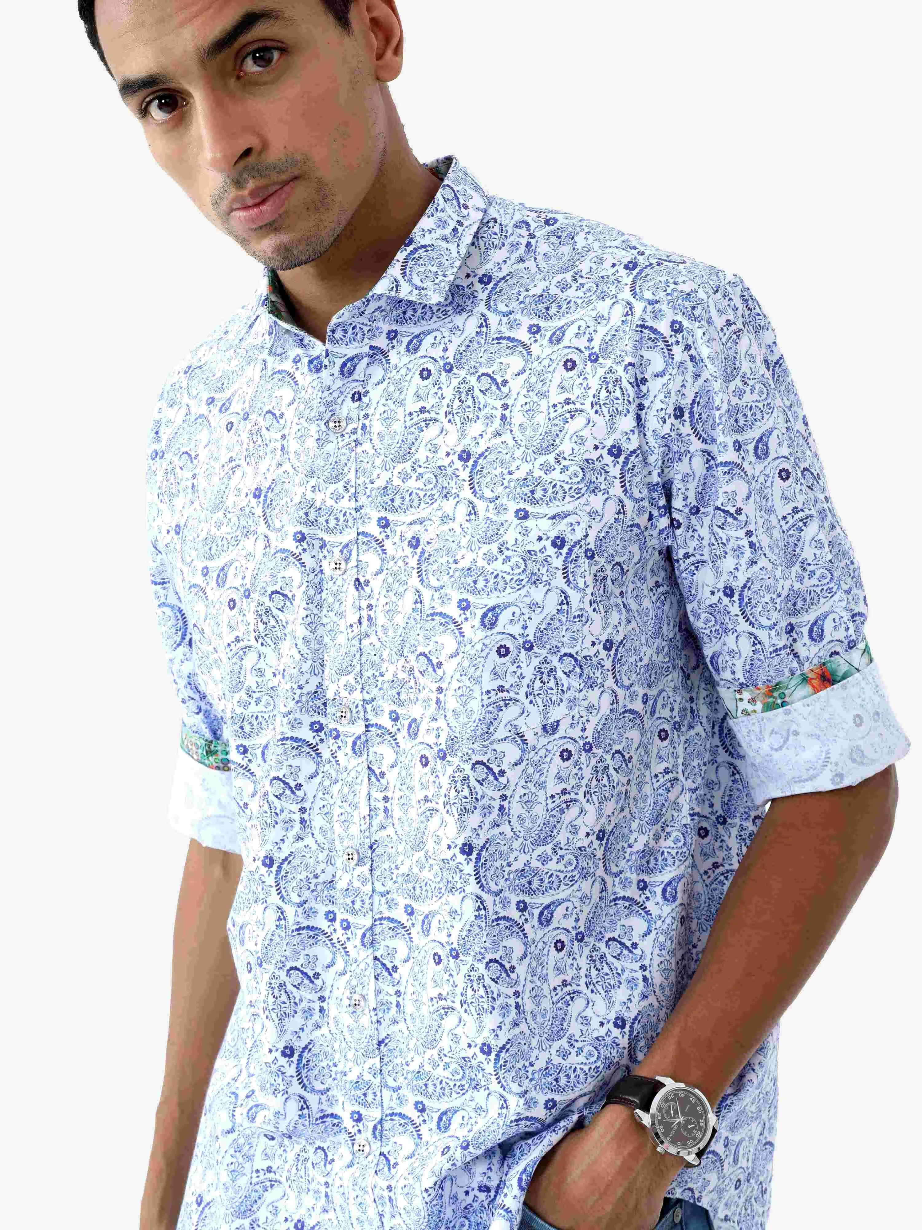 Indigo Paisley Digital Printed Full Shirt