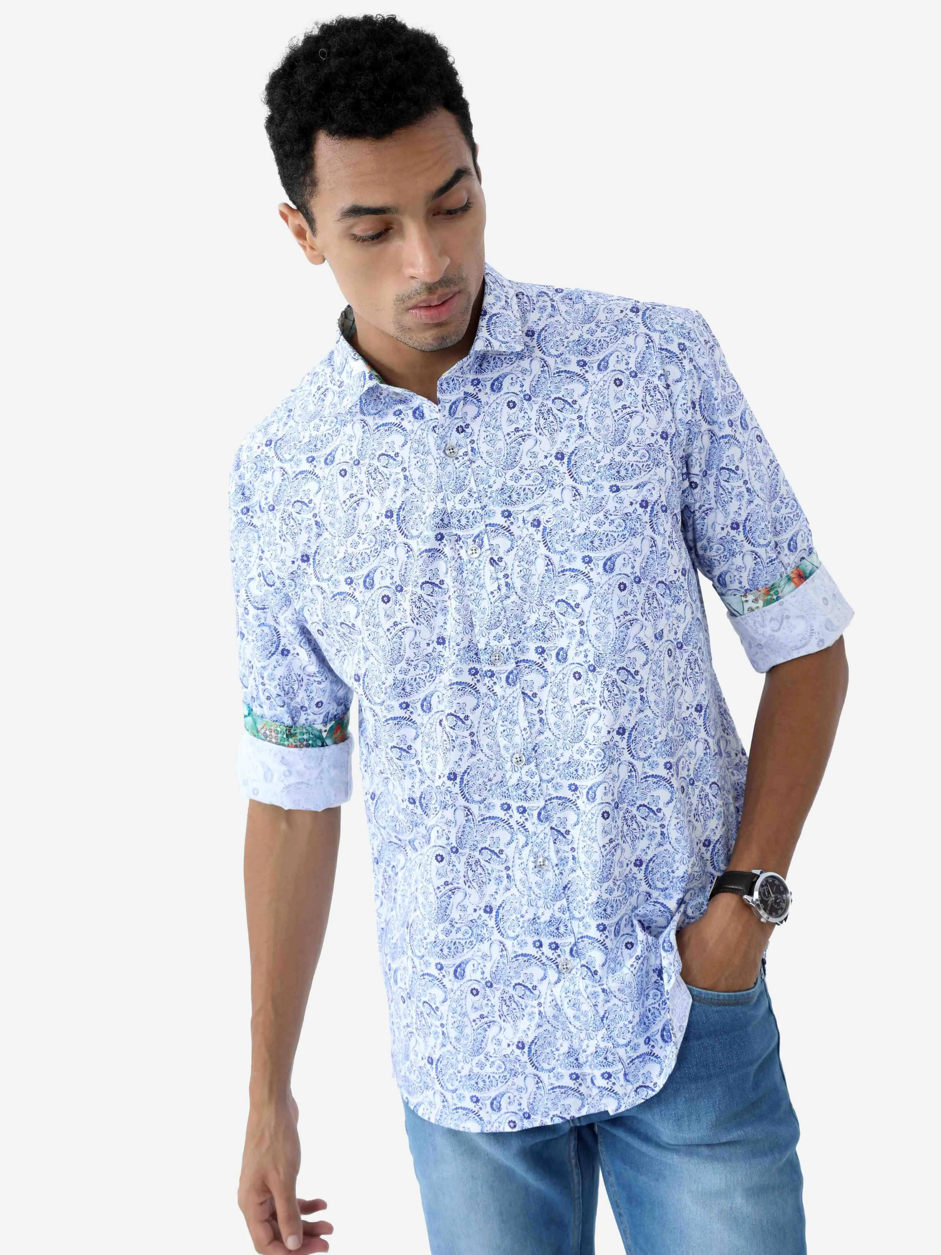 Indigo Paisley Digital Printed Full Shirt