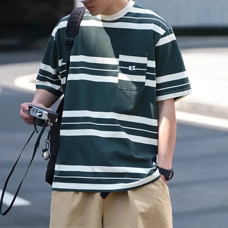 Japanese Streetwear Striped T-Shirt - Casual Short Sleeve Tee