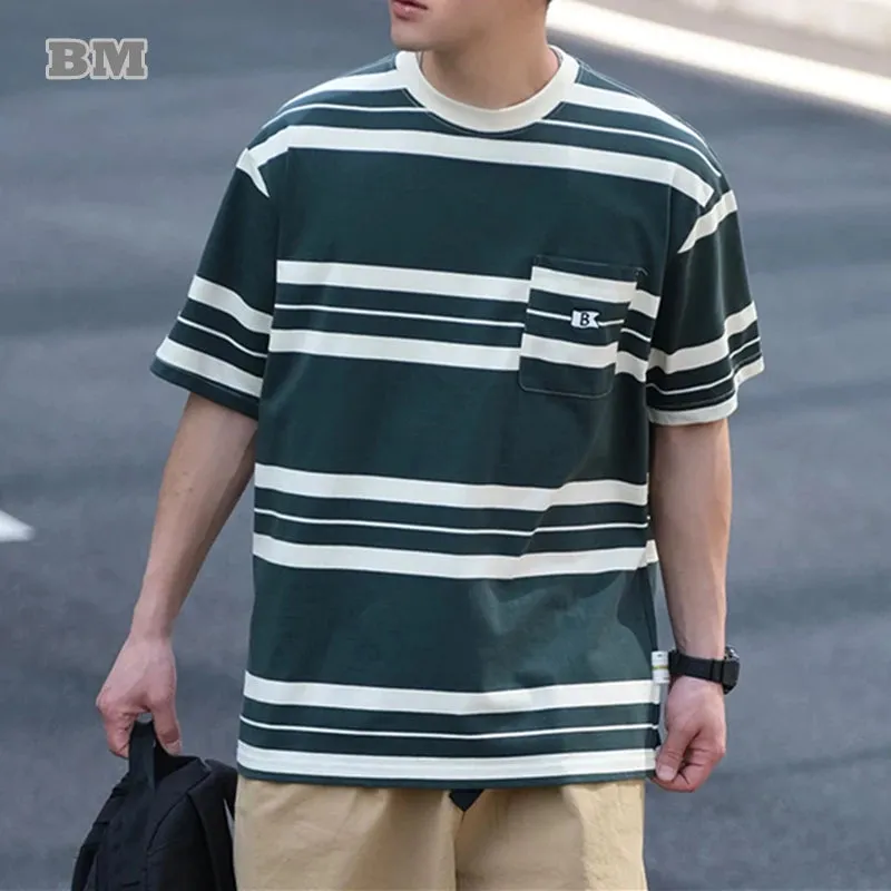 Japanese Streetwear Striped T-Shirt - Casual Short Sleeve Tee