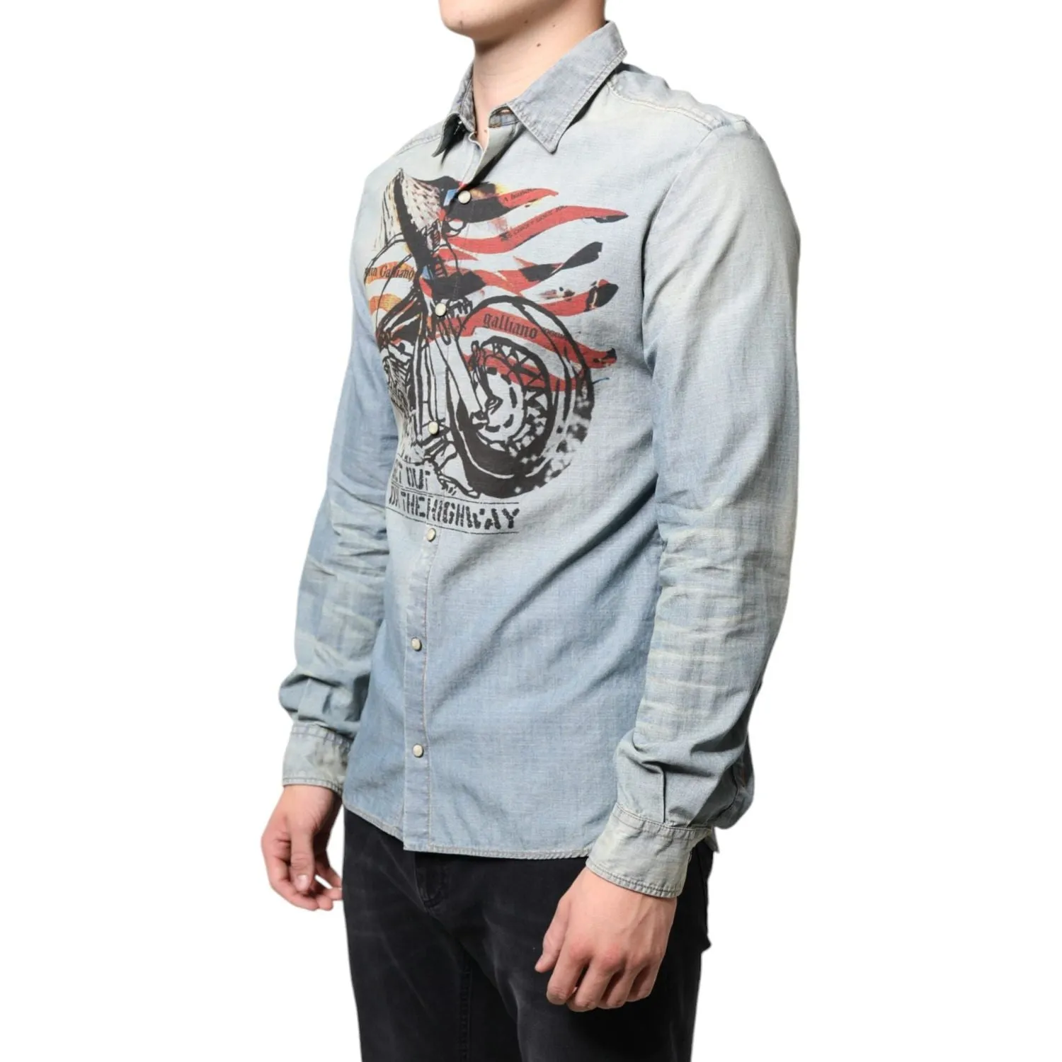 John Galliano Light Blue Printed Cotton Denim Long Sleeves Shirt