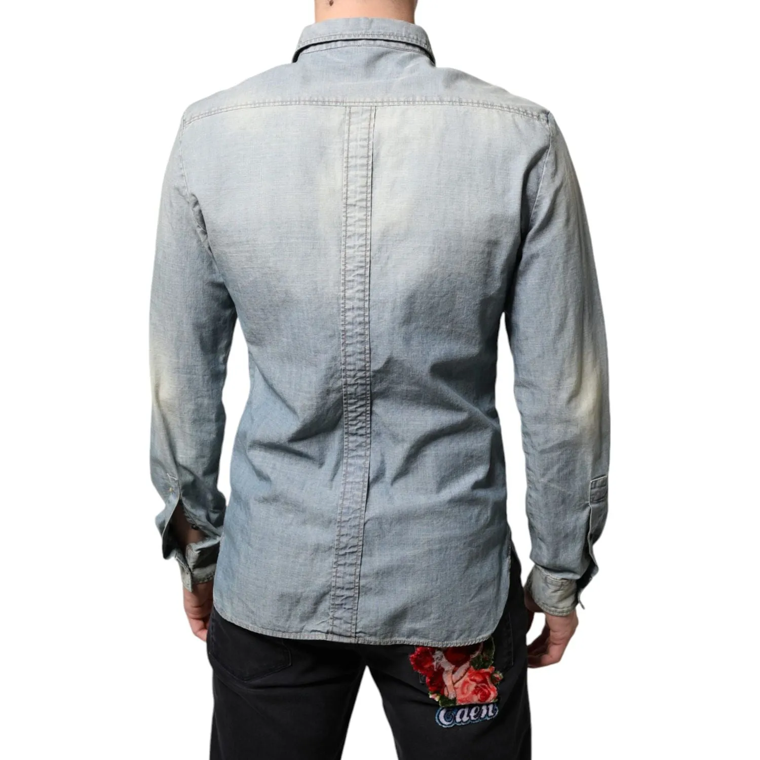 John Galliano Light Blue Printed Cotton Denim Long Sleeves Shirt