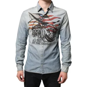 John Galliano Light Blue Printed Cotton Denim Long Sleeves Shirt