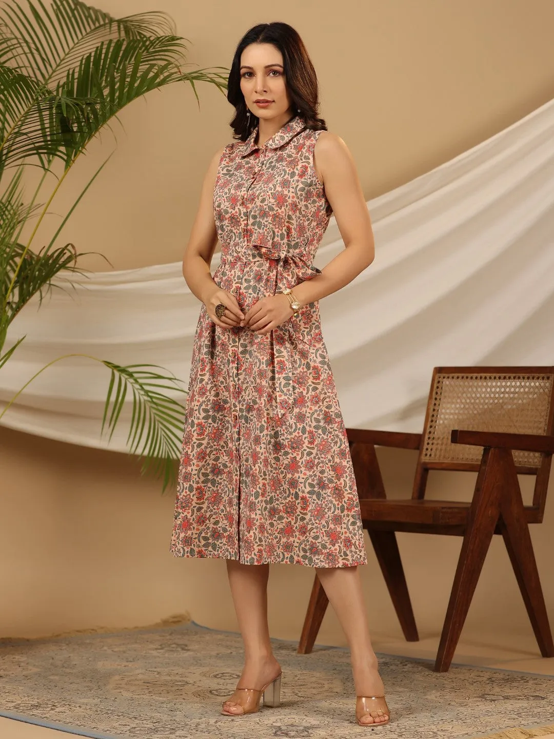 Juniper Peach Floral Printed Pure Cotton A-line Dress