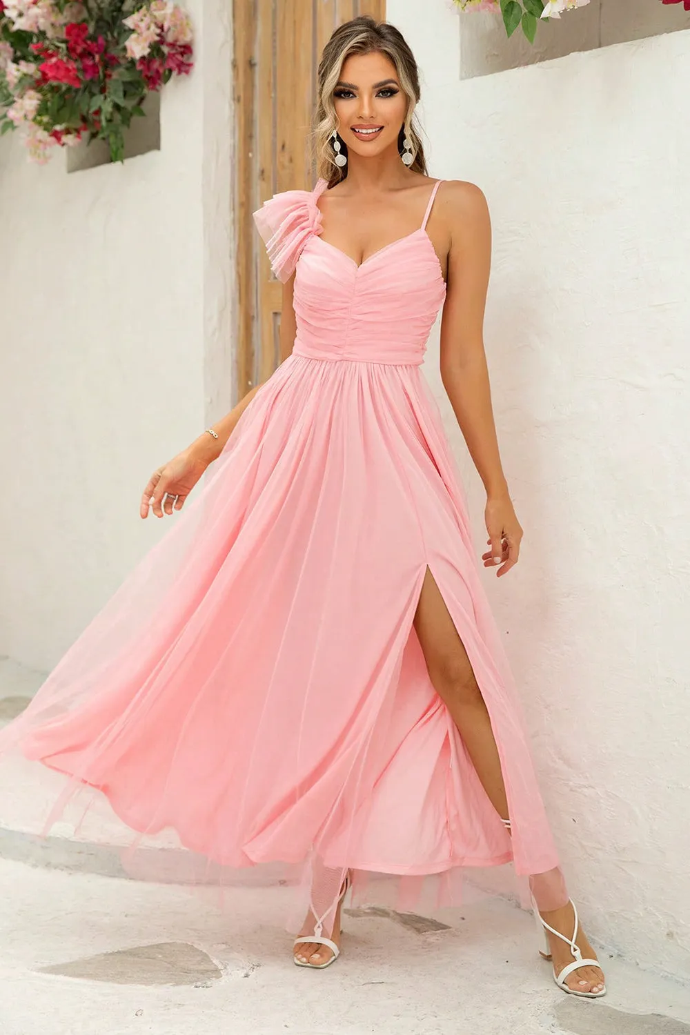 Just A Princess Asymmetrical Ruched Slit Dress