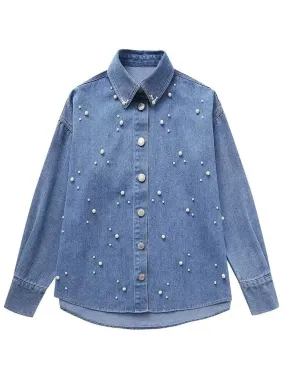 Kari Faux Pearl Denim Single Breasted Shirt