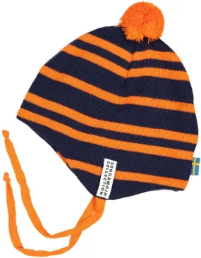 Knit Earflap Hat: Navy Orange Stripe